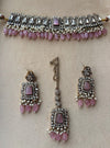 MASHA Pink kundan choker necklace earrings and maangtika,indian wedding jewelry pakistani nikaah jewelry, light pink colour bridal jewelry