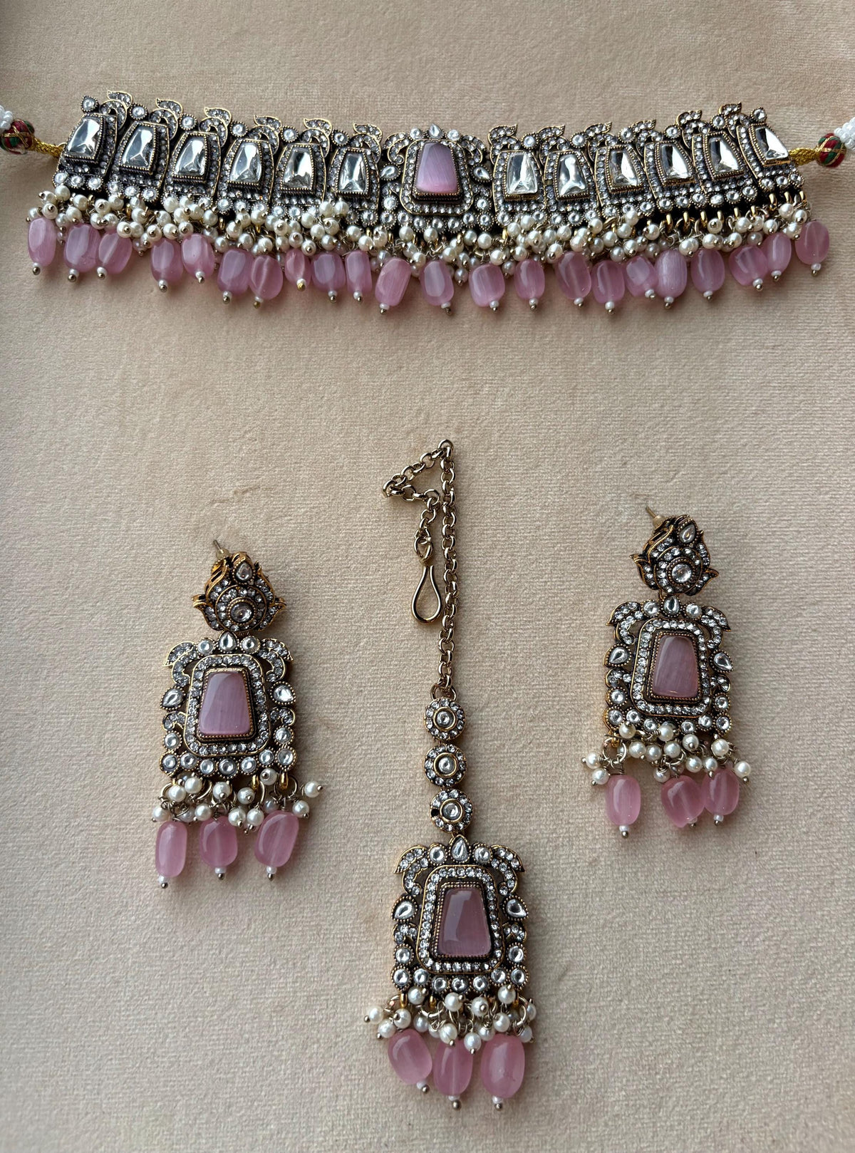 MASHA Pink kundan choker necklace earrings and maangtika,indian wedding jewelry pakistani nikaah jewelry, light pink colour bridal jewelry
