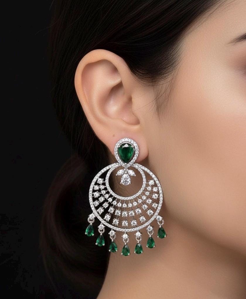 NURA high quality Emerald green american diamond earrings Indian Wedding jewellery, bridal,bollywood jewelry, prom night, green cz chandbali