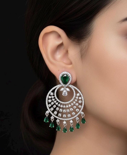 NURA high quality Emerald green american diamond earrings Indian Wedding jewellery, bridal,bollywood jewelry, prom night, green cz chandbali
