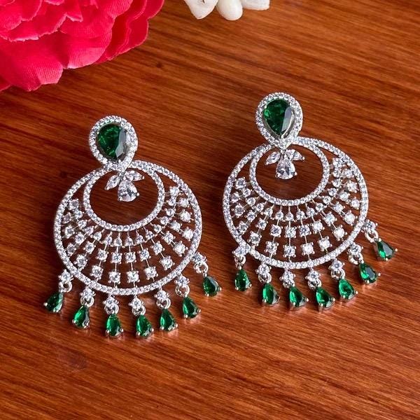 NURA high quality Emerald green american diamond earrings Indian Wedding jewellery, bridal,bollywood jewelry, prom night, green cz chandbali