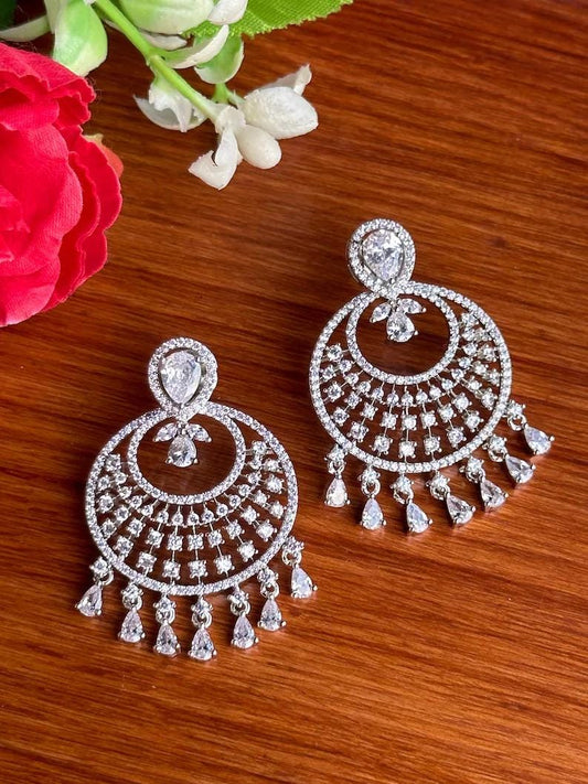 NURA high quality Clear stones american diamond earrings Indian Wedding jewellery, bridal jewelry, prom night, colourless cz chandbali