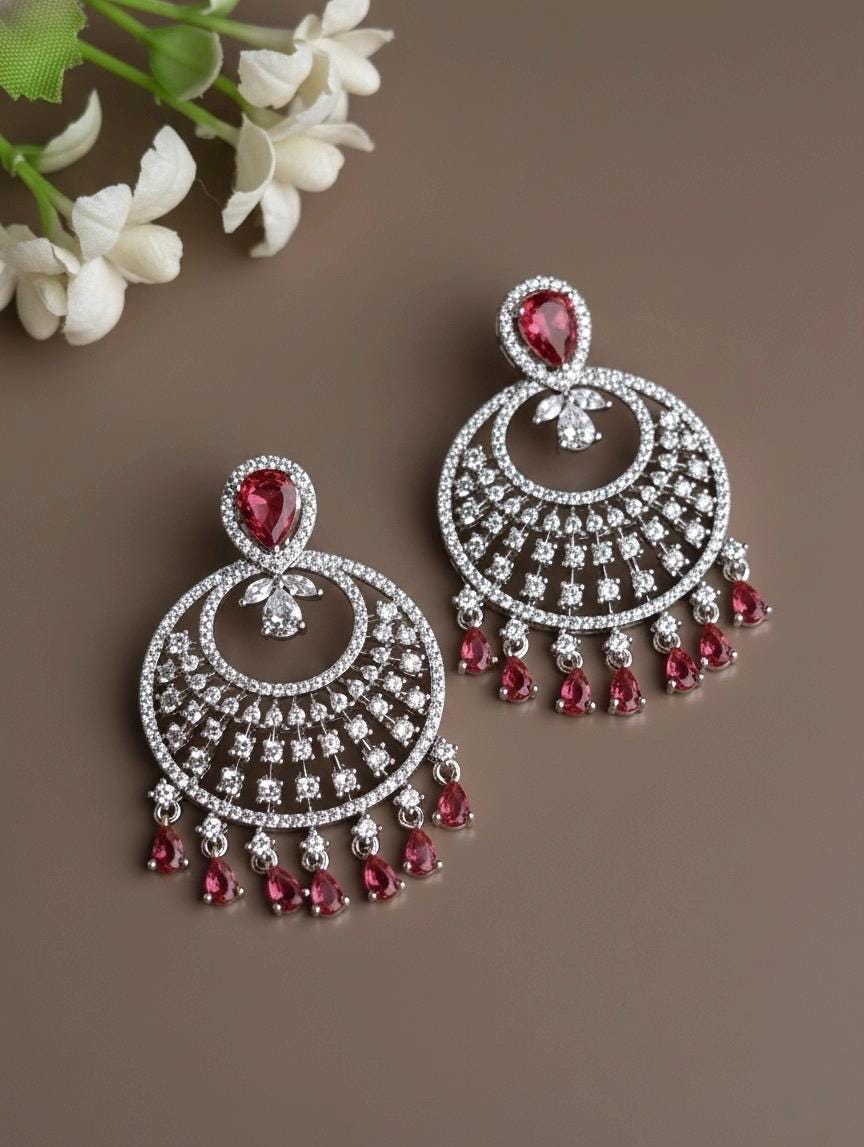 NURA high quality Red cz american diamond earrings Indian Wedding jewellery, bridal jewelry, prom night, red cz chandbali