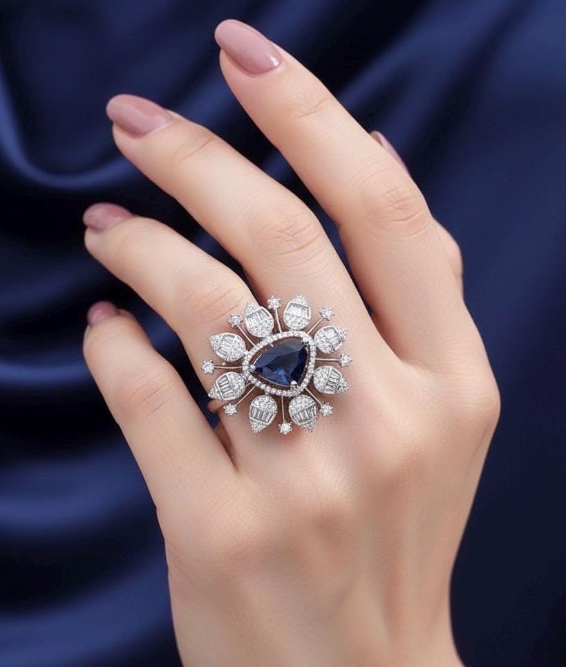 SHEINA Sapphire blue cocktail ring ,adjustable American diamond ring ,high quality cz zircon,dark blue Indian jewellery, green and pink ring