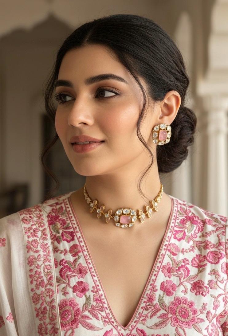 SABAA  Light pink Doublet Stone kundan Choker with stud Earrings necklace set,pink colour Indian Pakistani bridal jewelry