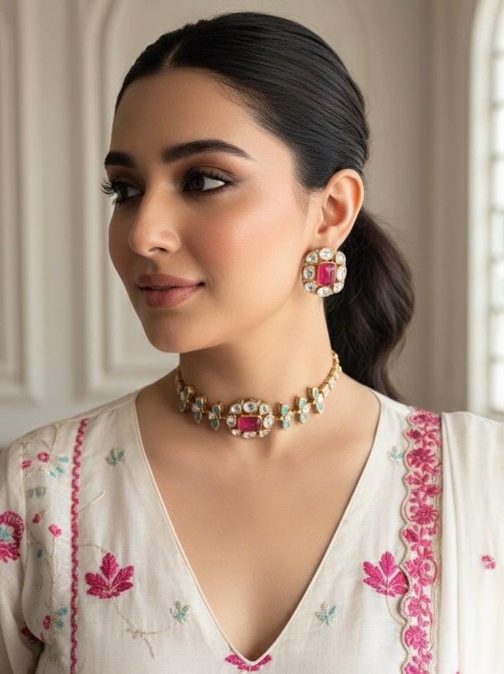 SABAA Fuchsia pink Doublet Stone kundan Choker with stud Earrings necklace set,rani pink and blue colour Indian Pakistani bridal jewelr