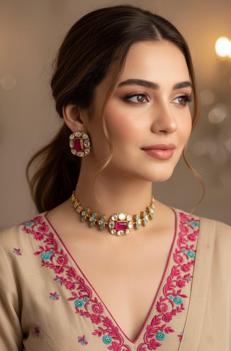 SABAA Fuchsia pink Doublet Stone kundan Choker with stud Earrings necklace set,rani pink and blue colour Indian Pakistani bridal jewelr