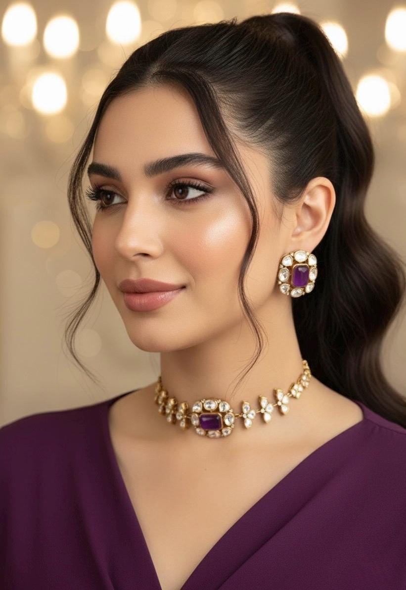 SABAA  Purple Doublet Stone Choker Necklace Set with Earrings, purple sleek choker with studs,  Indian Pakistani wedding jewelry