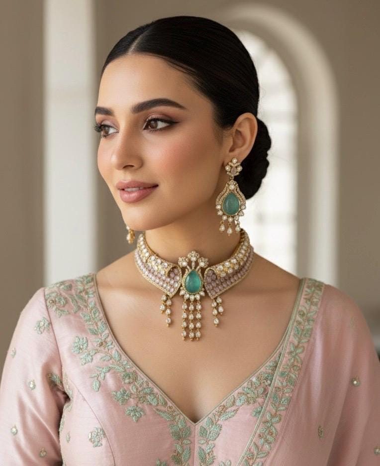 ARSHEYA Victorian look Mint Doublet Stone kundan choker Necklace Set with Earrings,Statement jewelry,Indian Pakistani wedding bridal jewelry