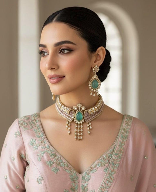 ARSHEYA Victorian look Mint Doublet Stone kundan choker Necklace Set with Earrings,Statement jewelry,Indian Pakistani wedding bridal jewelry