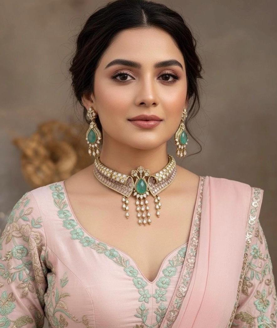 ARSHEYA Victorian look Mint Doublet Stone kundan choker Necklace Set with Earrings,Statement jewelry,Indian Pakistani wedding bridal jewelry