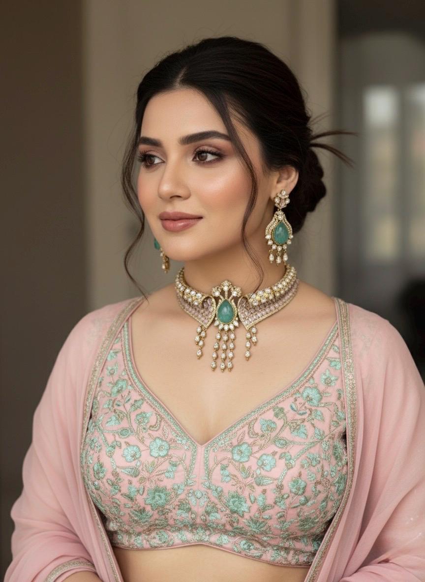 ARSHEYA Victorian look Mint Doublet Stone kundan choker Necklace Set with Earrings,Statement jewelry,Indian Pakistani wedding bridal jewelry