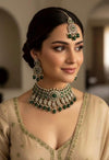 SHEHLA Green colour Victorian style kundan and cz choker necklace set with maangtika, Indian Pakistani wedding bridal jewelry