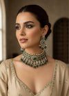 SHEHLA Green colour Victorian style kundan and cz choker necklace set with maangtika, Indian Pakistani wedding bridal jewelry