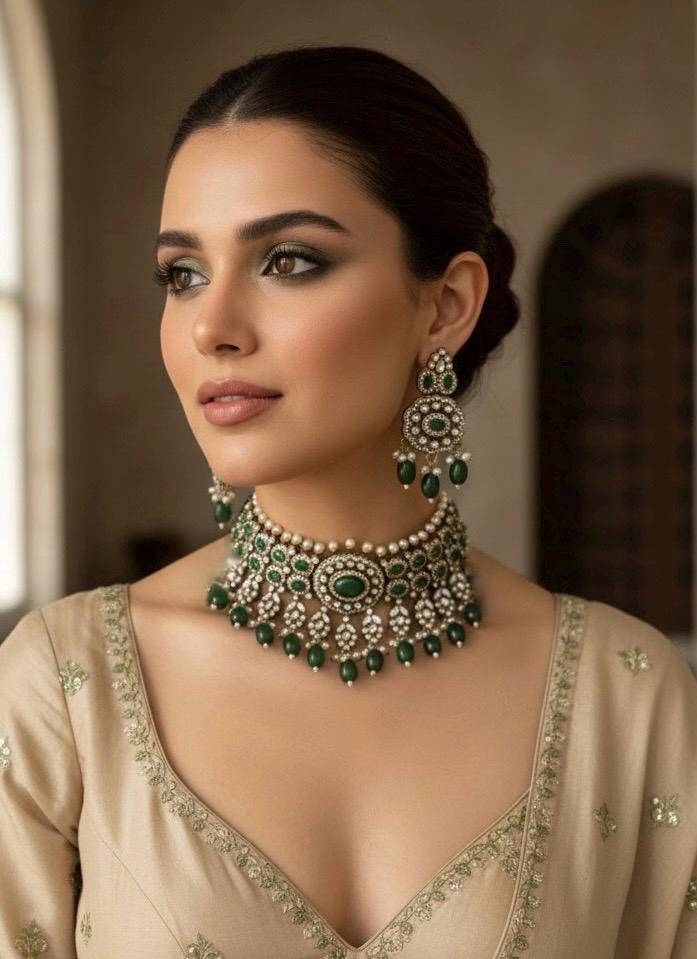 SHEHLA Green colour Victorian style kundan and cz choker necklace set with maangtika, Indian Pakistani wedding bridal jewelry