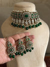 SHEHLA Green colour Victorian style kundan and cz choker necklace set with maangtika, Indian Pakistani wedding bridal jewelry