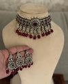 SHEHLA Red maroon colour Victorian style kundan and cz choker necklace set with maangtika, Indian Pakistani wedding bridal jewelry