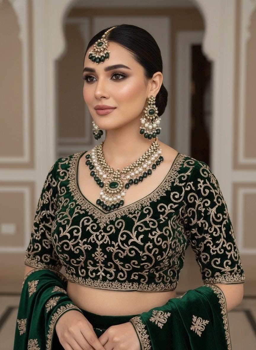 TAZEEN Green colour Victorian style kundan and cz necklace set with maangtika, Indian Pakistani wedding bridal jewelry
