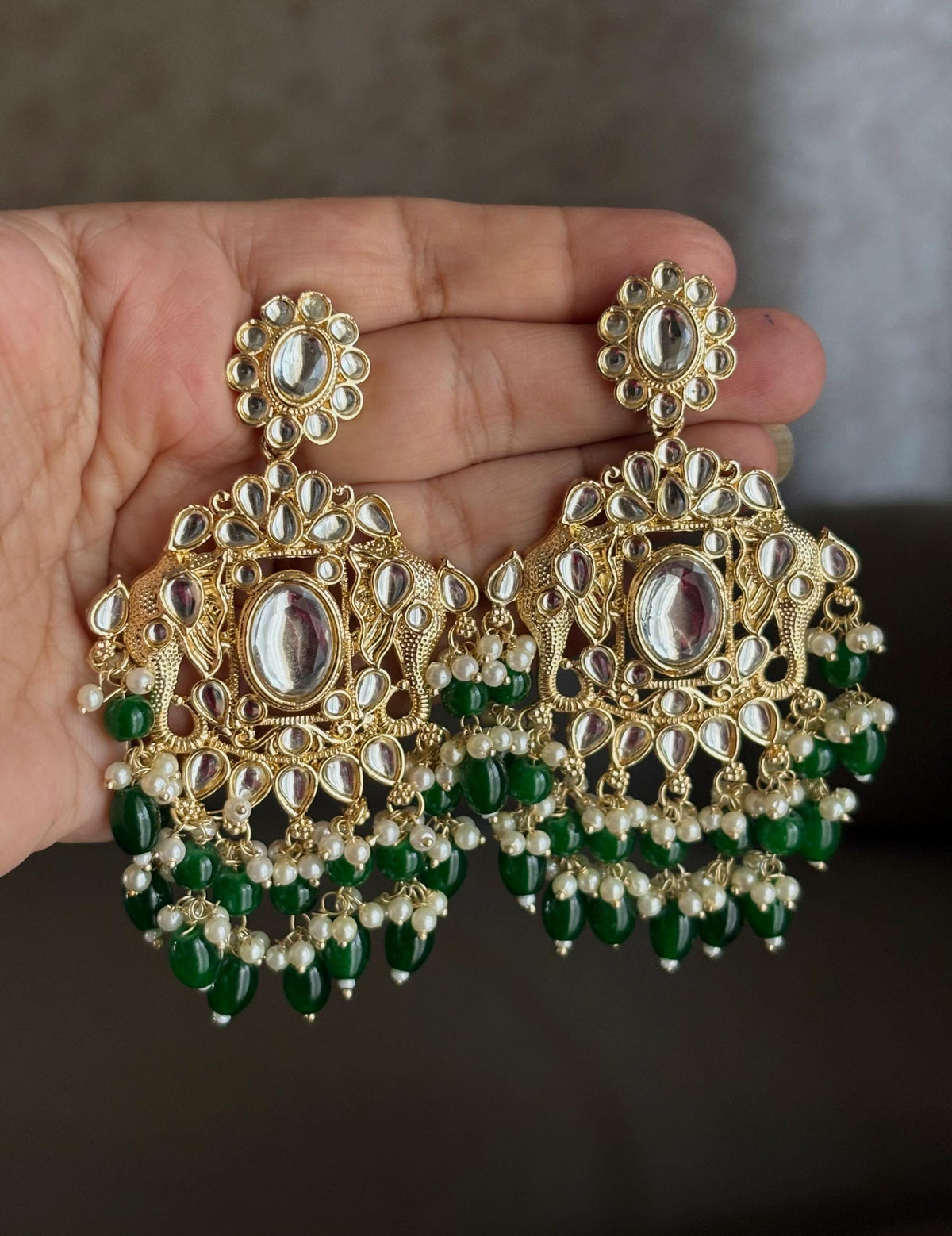 KIMI  Elephant motif Green earrings / Bollywood kundan earrings /Pakistani Wedding bridal / Indian Diwali jewelry/green colour chandbali