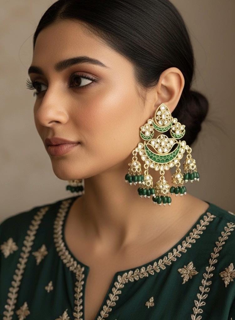 KIRTI Green colour earrings / Bollywood kundan earrings /Pakistani Wedding bridal /Navratri function Indian Diwali jewelry/green chandbali