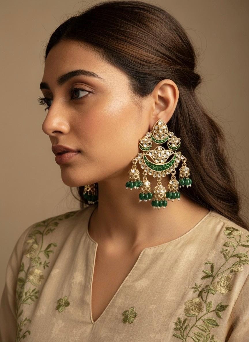 KIRTI Green colour earrings / Bollywood kundan earrings /Pakistani Wedding bridal /Navratri function Indian Diwali jewelry/green chandbali