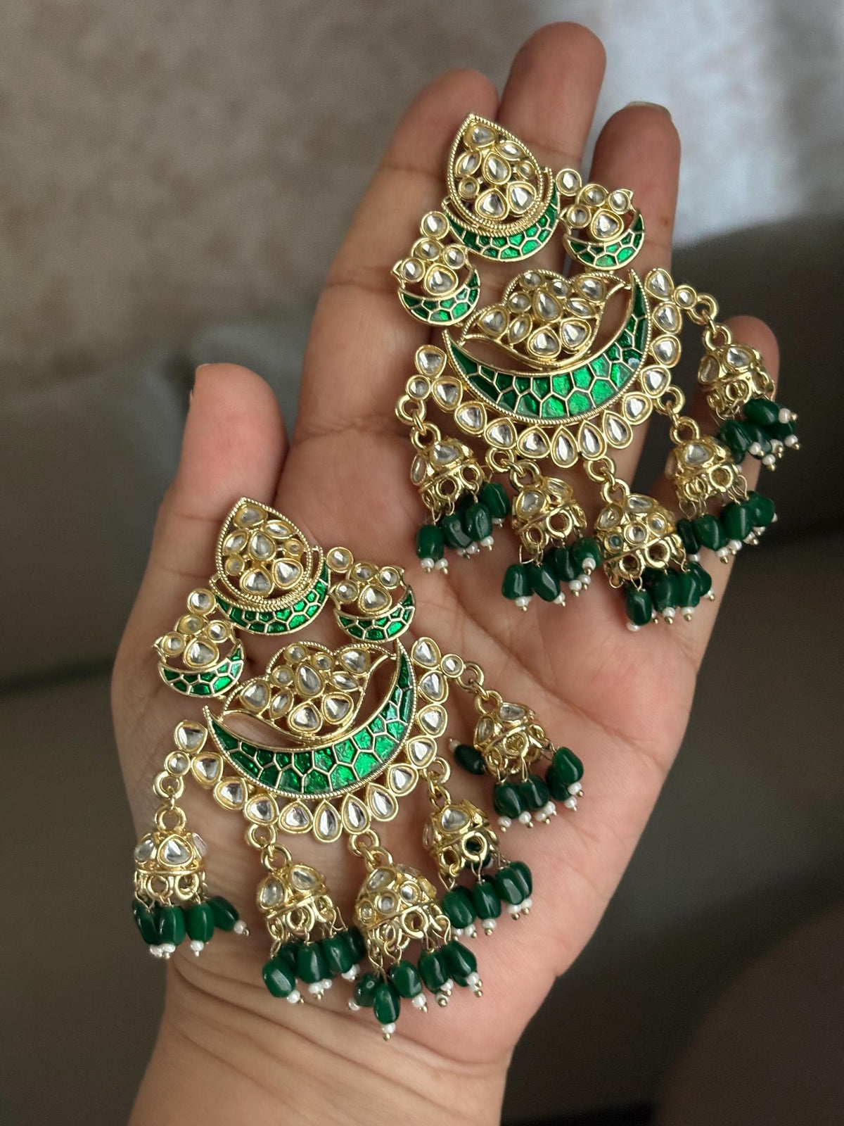 KIRTI Green colour earrings / Bollywood kundan earrings /Pakistani Wedding bridal /Navratri function Indian Diwali jewelry/green chandbali