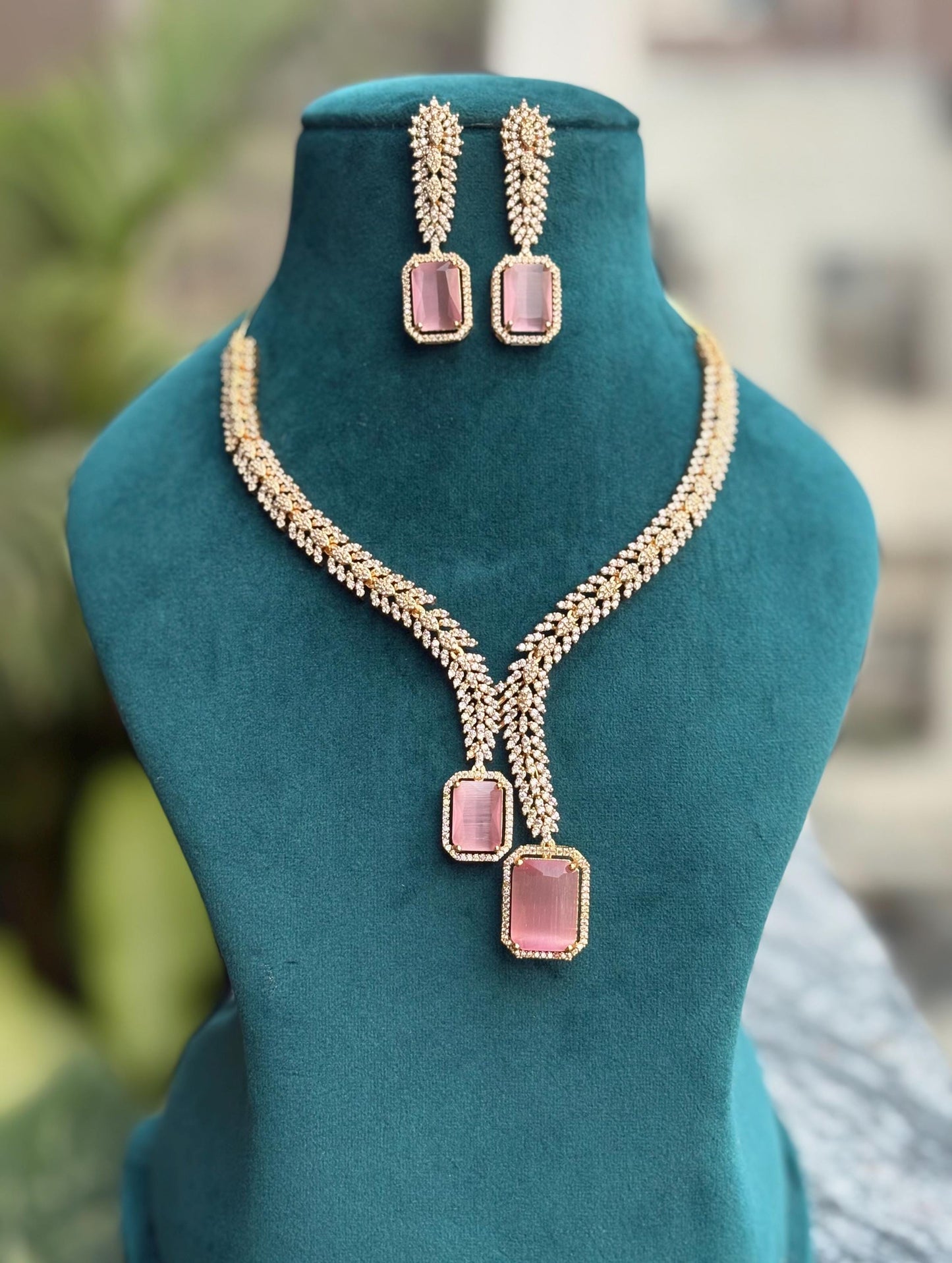 RHIANNA two tone Light pink golden polish necklace set, cz zircon American Diamond jewelry Pakistani bridal wedding jewelry
