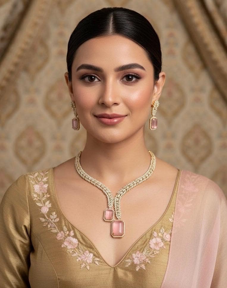 RHIANNA two tone Light pink golden polish necklace set, cz zircon American Diamond jewelry Pakistani bridal wedding jewelry