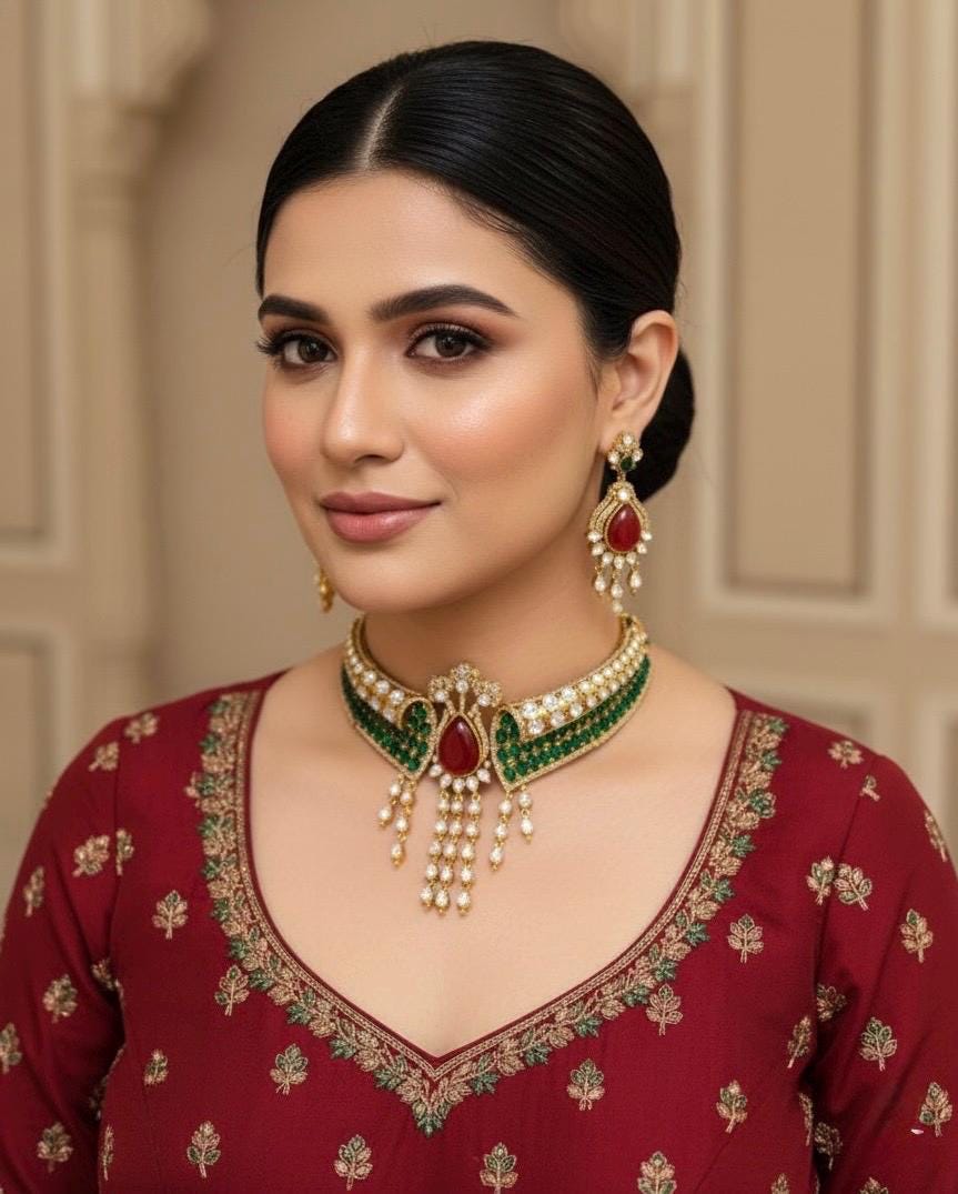 ARSHEYA Premium quality Ruby red and green Doublet Stone polki kundan choker Necklace Set ,Statement wedding bridal jewelry