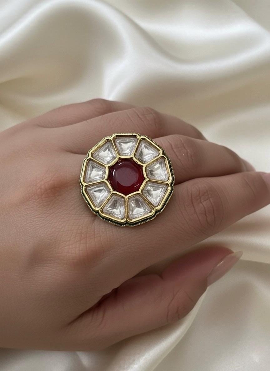 ALYA Ruby red adjustable kundan ring , Indian ethnic high quality ring, Indian Pakistani bridal jewelry