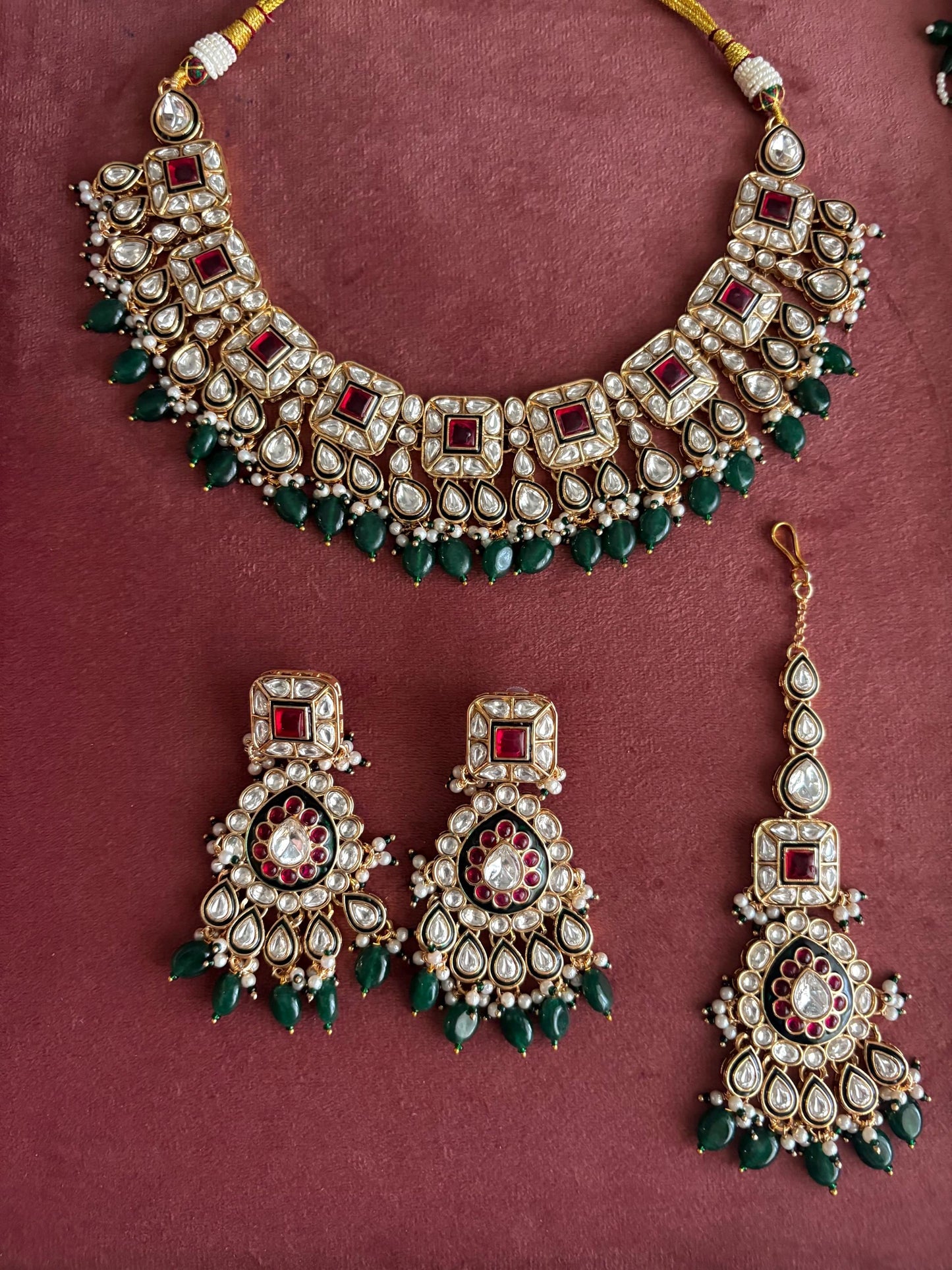 ZIYANA Ruby green necklace set in high quality kundan,Indian Pakistani wedding bridal jewellery, Maangtika included