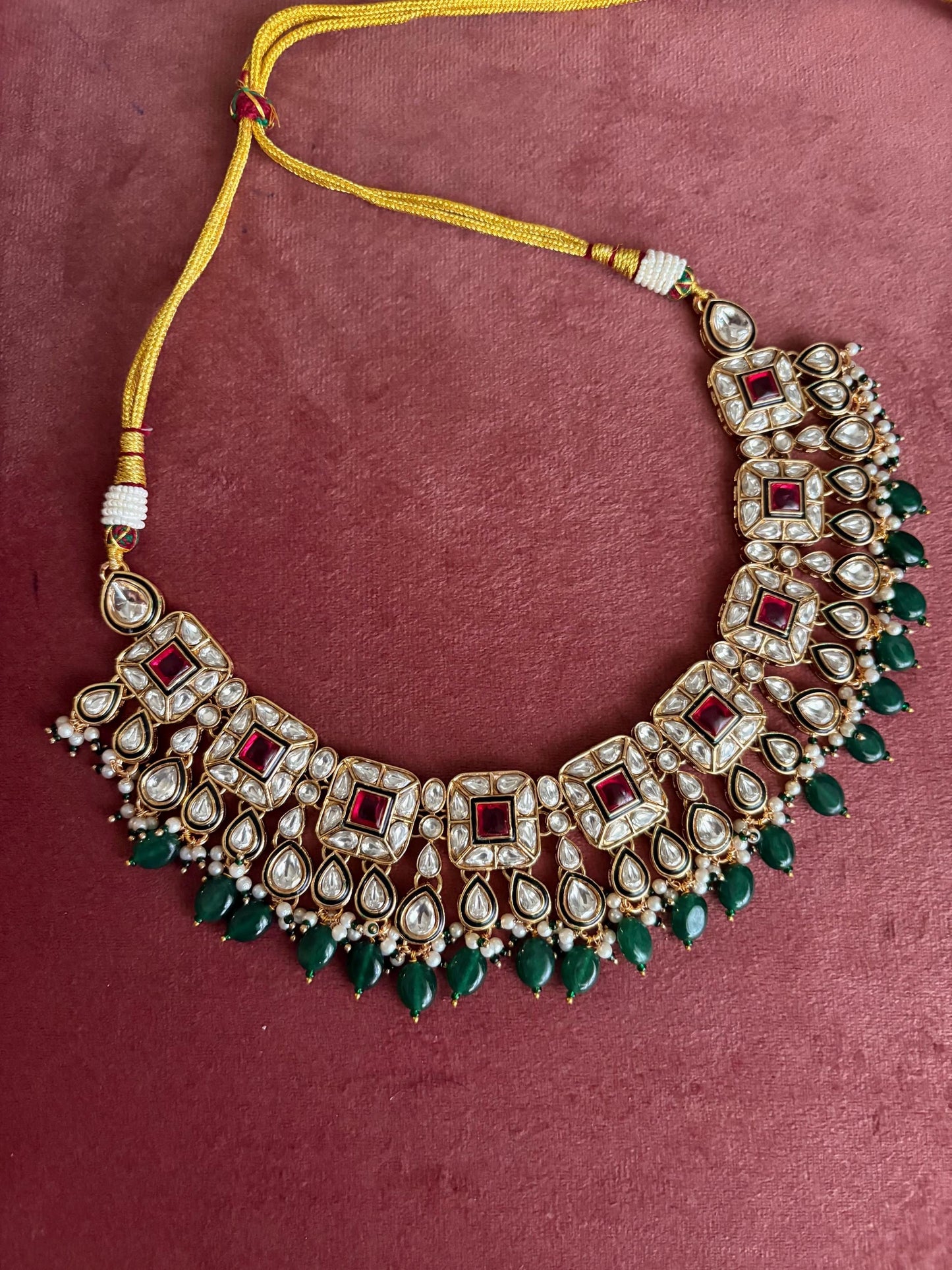 ZIYANA Ruby green necklace set in high quality kundan,Indian Pakistani wedding bridal jewellery, Maangtika included