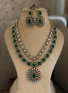 SELENA Green colour Victorian style kundan and cz necklace set with maangtika, Indian Pakistani wedding bridal jewelry