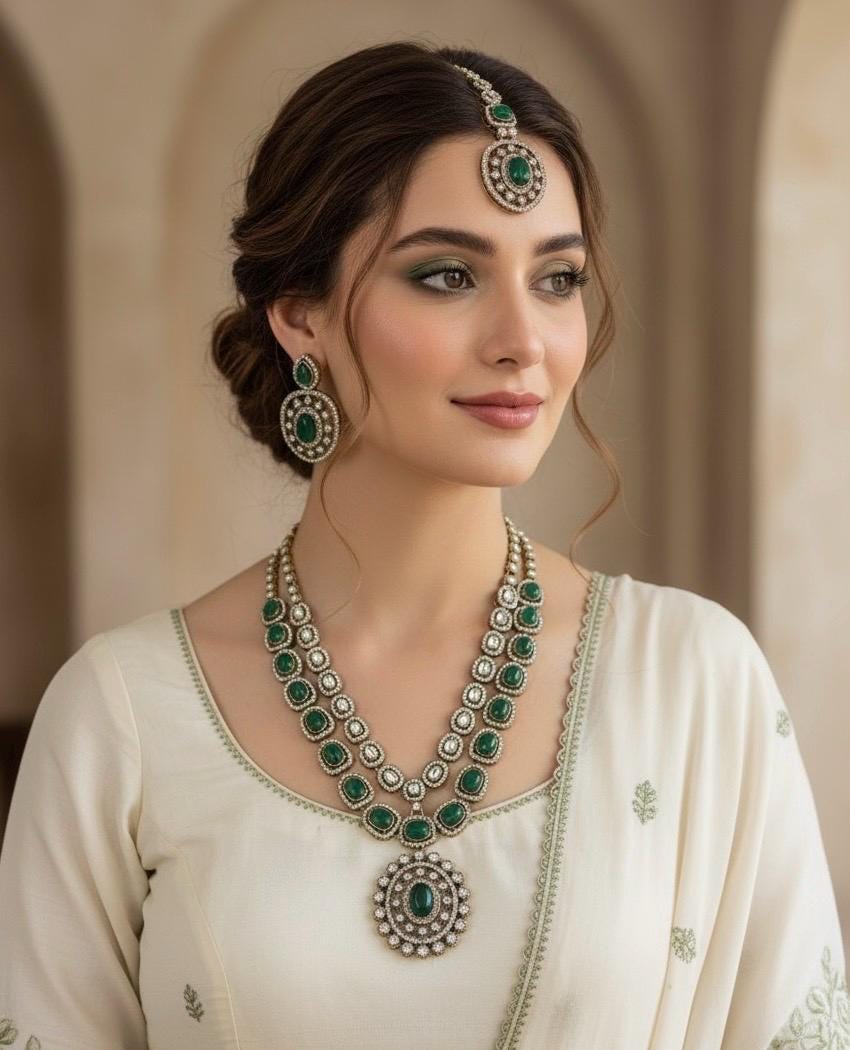 SELENA Green colour Victorian style kundan and cz necklace set with maangtika, Indian Pakistani wedding bridal jewelry