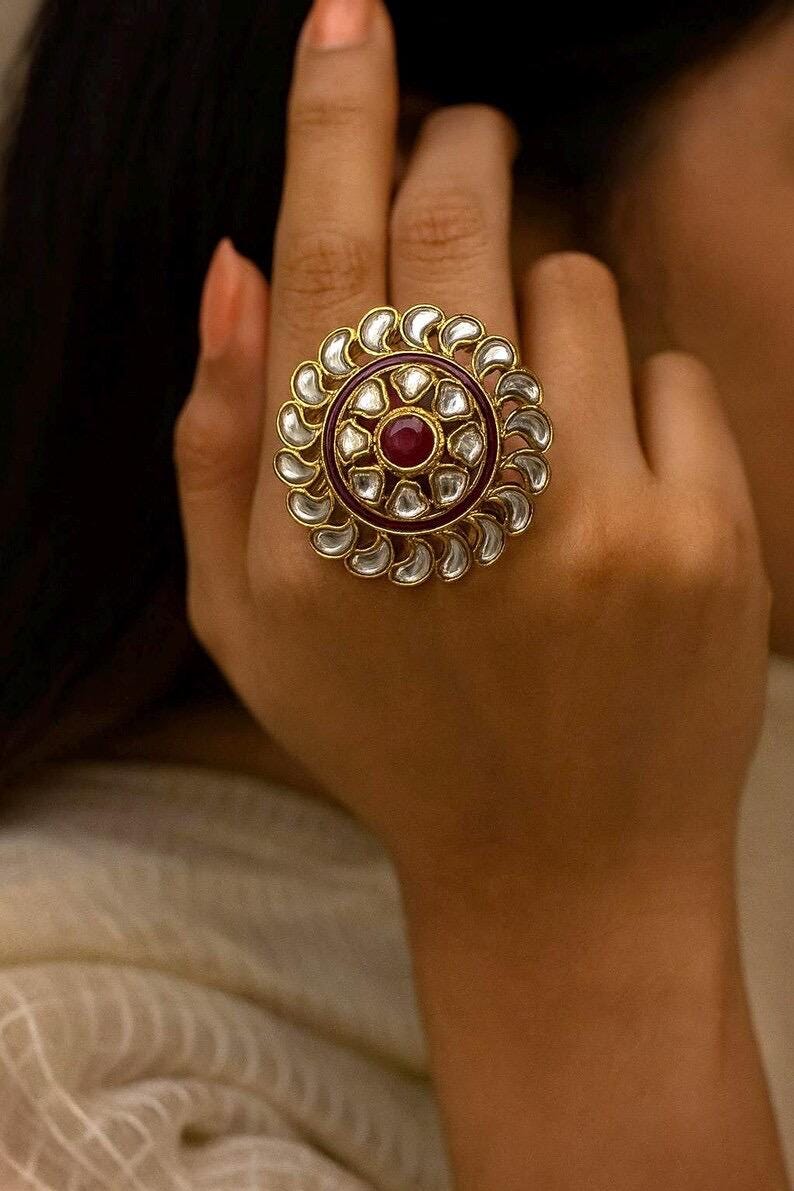 RIDA Ruby red kundan ring ,adjustable Indian ethnic ring, Indian Pakistani bridal jewelry, adjustable kundan ring
