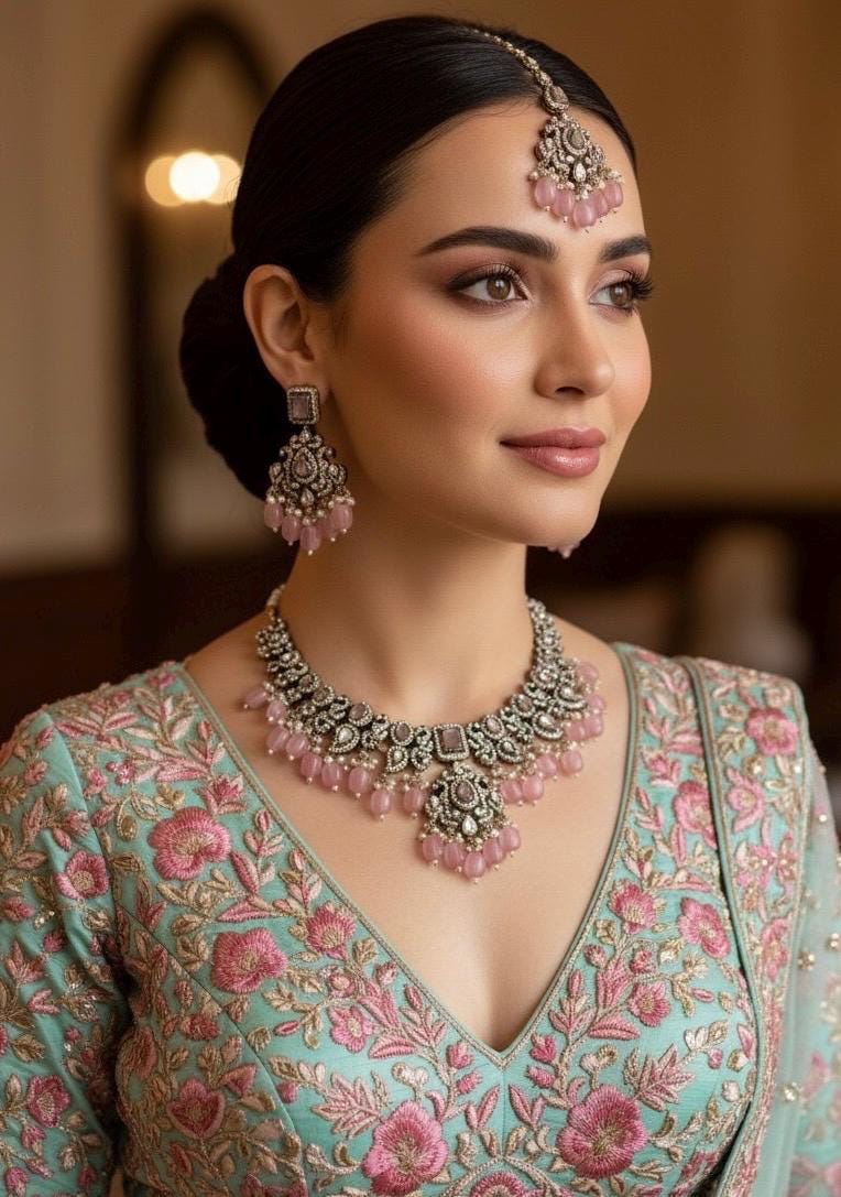 MAHIRA light pink  cz kundan and zircon necklace set in victorian and golden polish, Indian bridal victorian style pink colour jewelry