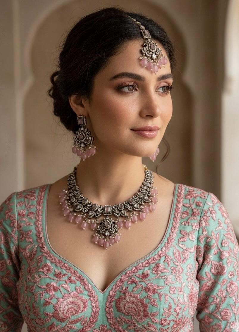 MAHIRA light pink  cz kundan and zircon necklace set in victorian and golden polish, Indian bridal victorian style pink colour jewelry