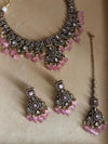 MAHIRA light pink  cz kundan and zircon necklace set in victorian and golden polish, Indian bridal victorian style pink colour jewelry