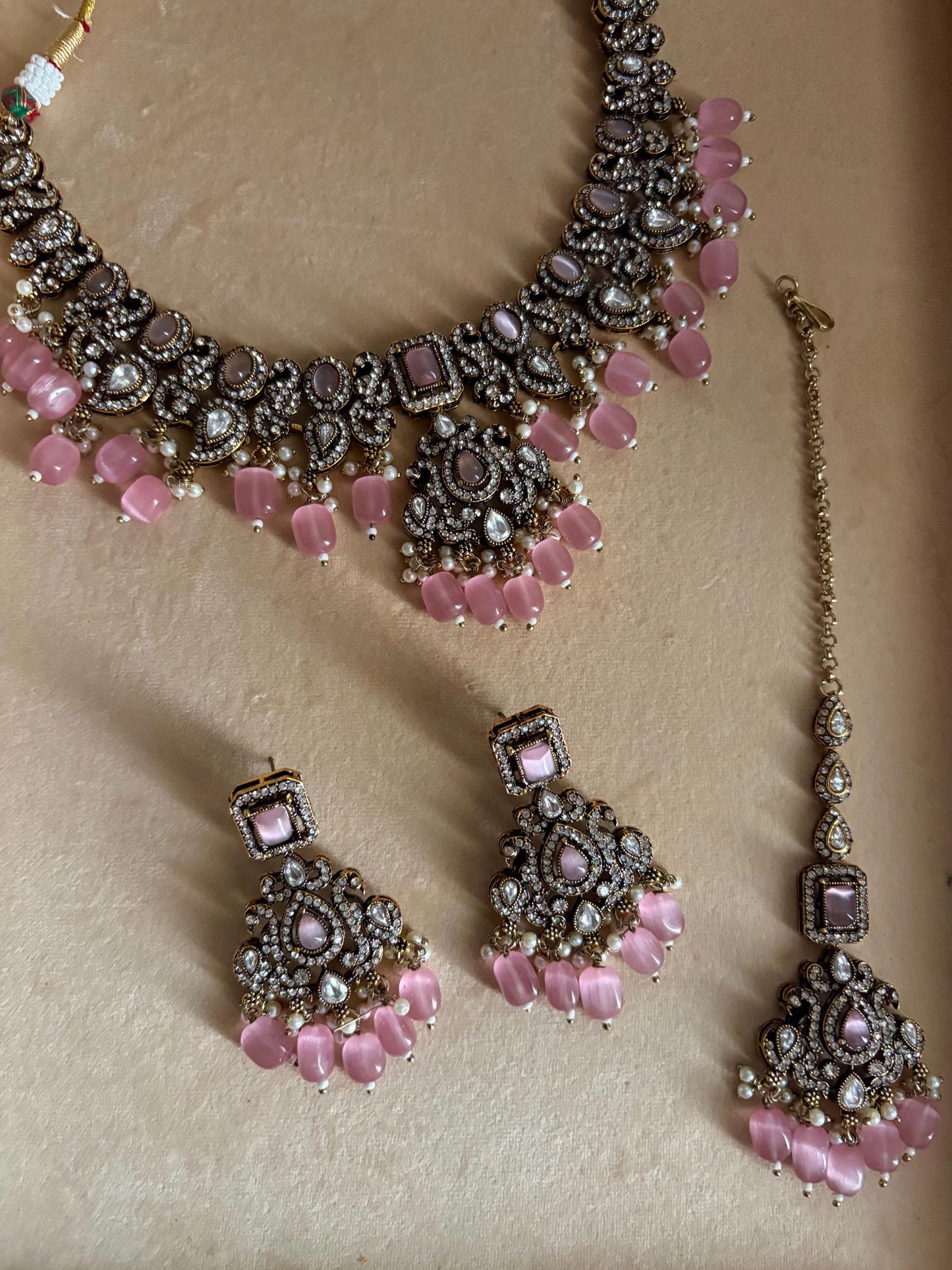 MAHIRA light pink  cz kundan and zircon necklace set in victorian and golden polish, Indian bridal victorian style pink colour jewelry
