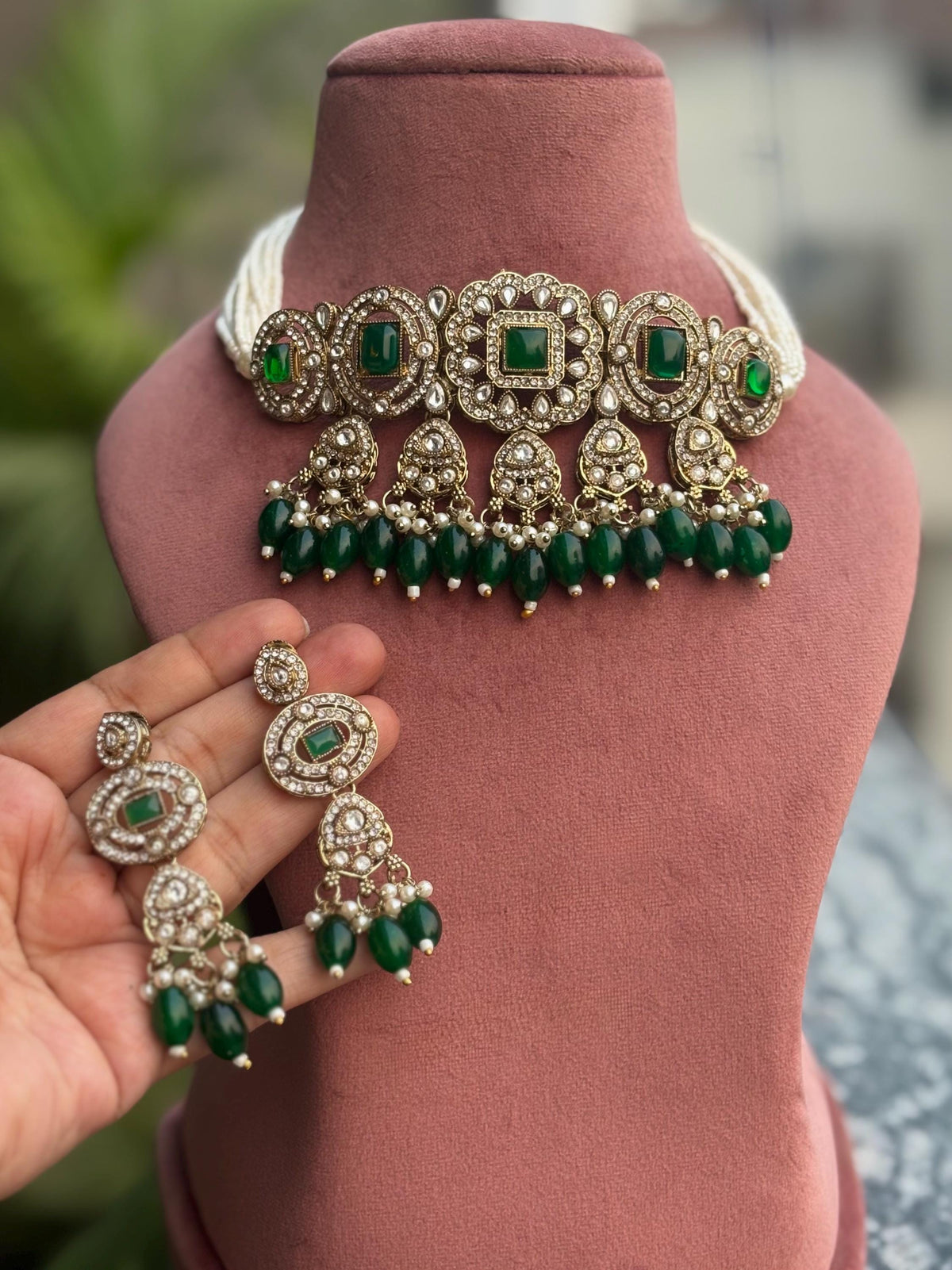 RAYMA Green colour Victorian style kundan and cz choker  necklace set , Indian Pakistani wedding bridal jewelry, dark green choker set