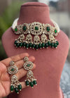 RAYMA Green colour Victorian style kundan and cz choker  necklace set , Indian Pakistani wedding bridal jewelry, dark green choker set