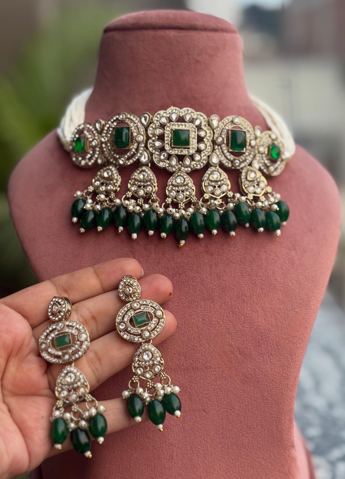 RAYMA Green colour Victorian style kundan and cz choker  necklace set , Indian Pakistani wedding bridal jewelry, dark green choker set