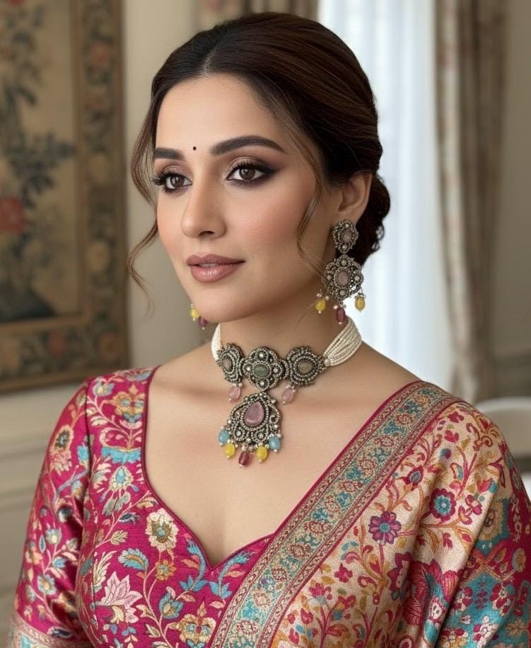 SUMAIRA Navratna Victorian style kundan and cz multicoloured choker set ,Indian Pakistani wedding bridal jewelry,navratan necklace set