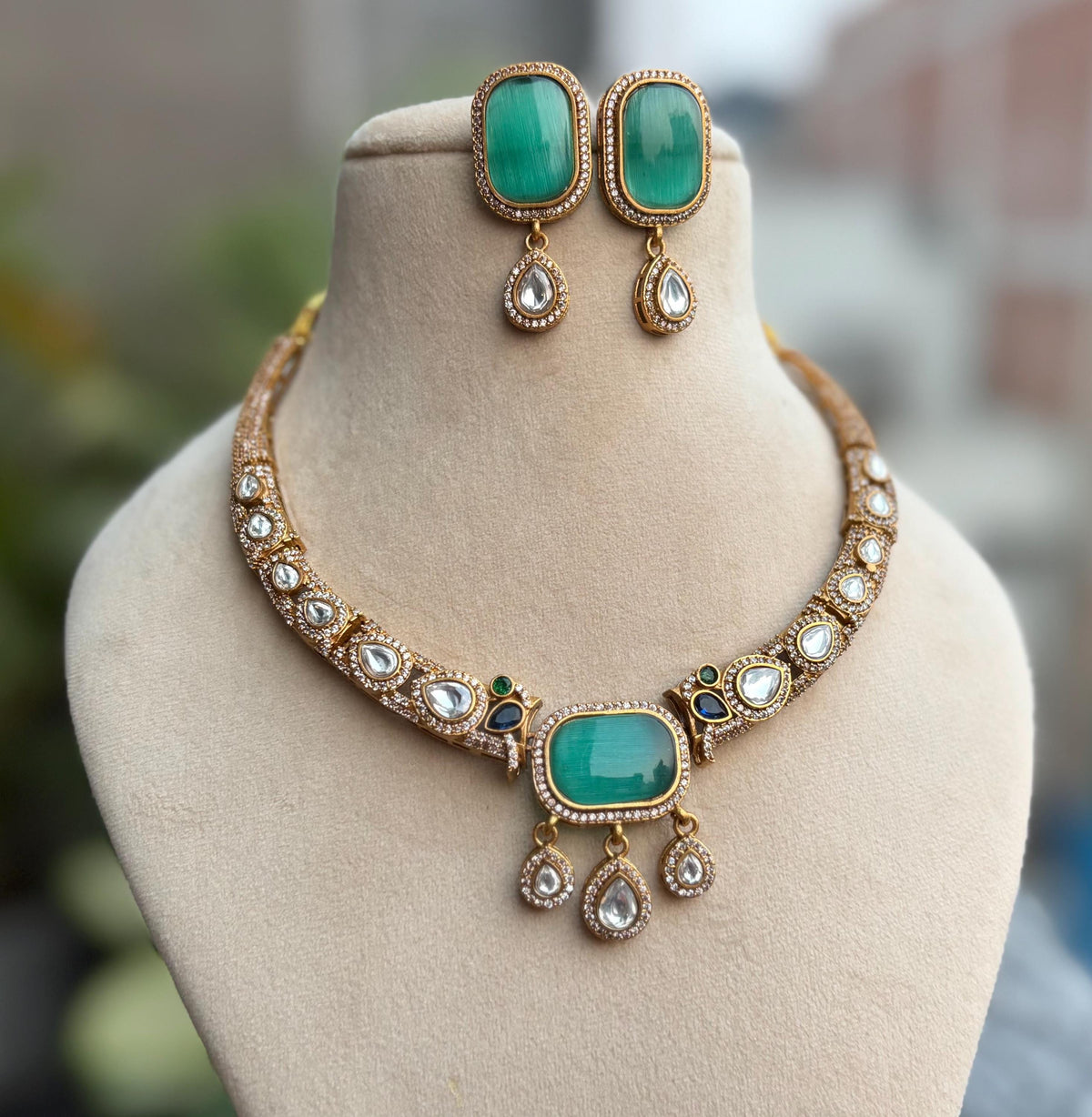 SUHASI mint kundan and zircon sleek hasli style necklace set in golden polish,Indian Pakistani victorian style jewelry in mint colour