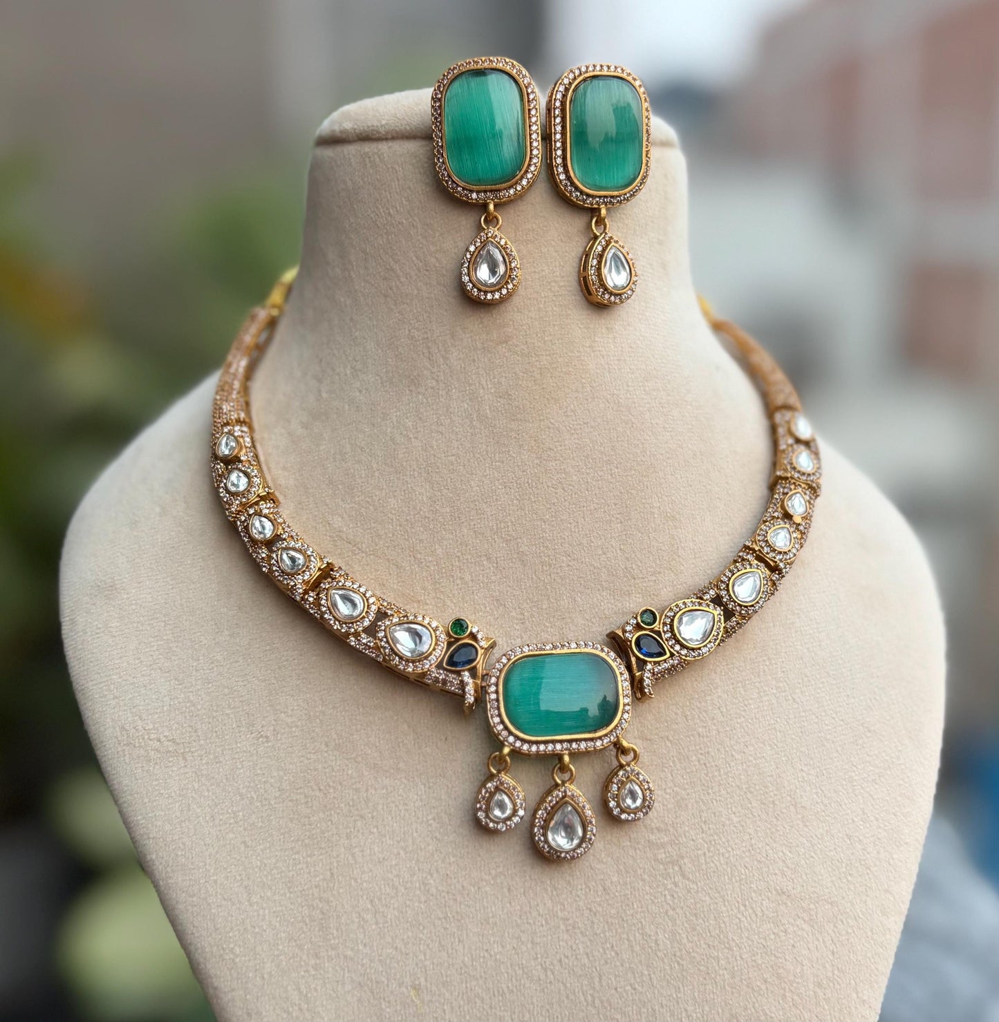 SUHASI mint kundan and zircon sleek hasli style necklace set in golden polish,Indian Pakistani victorian style jewelry in mint colour