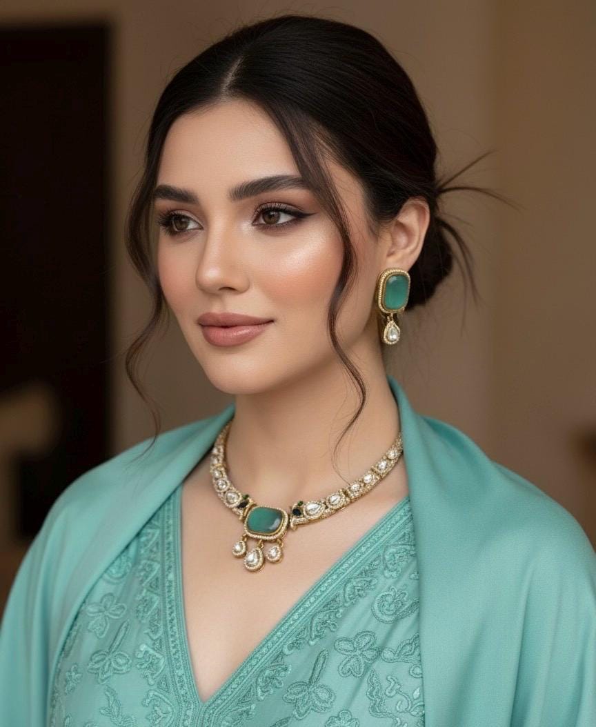 SUHASI mint kundan and zircon sleek hasli style necklace set in golden polish,Indian Pakistani victorian style jewelry in mint colour