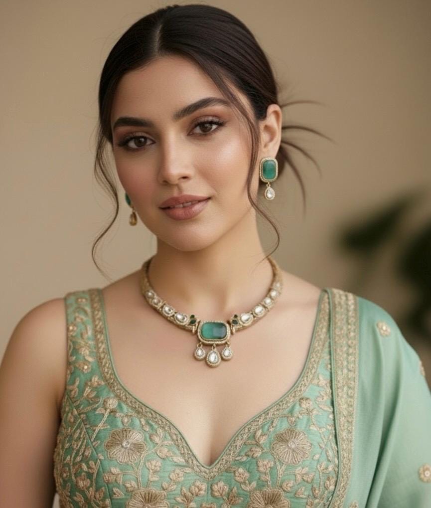SUHASI mint kundan and zircon sleek hasli style necklace set in golden polish,Indian Pakistani victorian style jewelry in mint colour