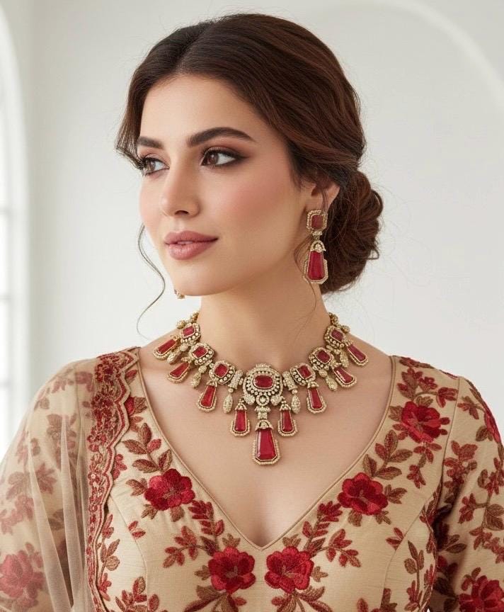 MAHNOOR Ruby red Sabyasachi inspired Doublet Stone Necklace with Earrings, Indian Pakistani wedding bridal jewelry, kundan cz necklace set