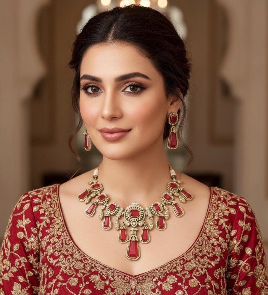 MAHNOOR Ruby red Sabyasachi inspired Doublet Stone Necklace with Earrings, Indian Pakistani wedding bridal jewelry, kundan cz necklace set