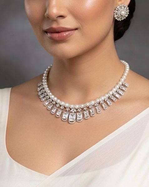 CALISTA white pearl necklace in clear stones, American Diamond High Quality Choker set wedding jewelry,colourless stones necklace with studs